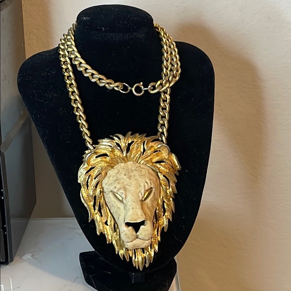 luca Razza Jewelry - Luca Razza Vintage 1970s Lion Head Necklace, Large Gold Tone Statement Pendant